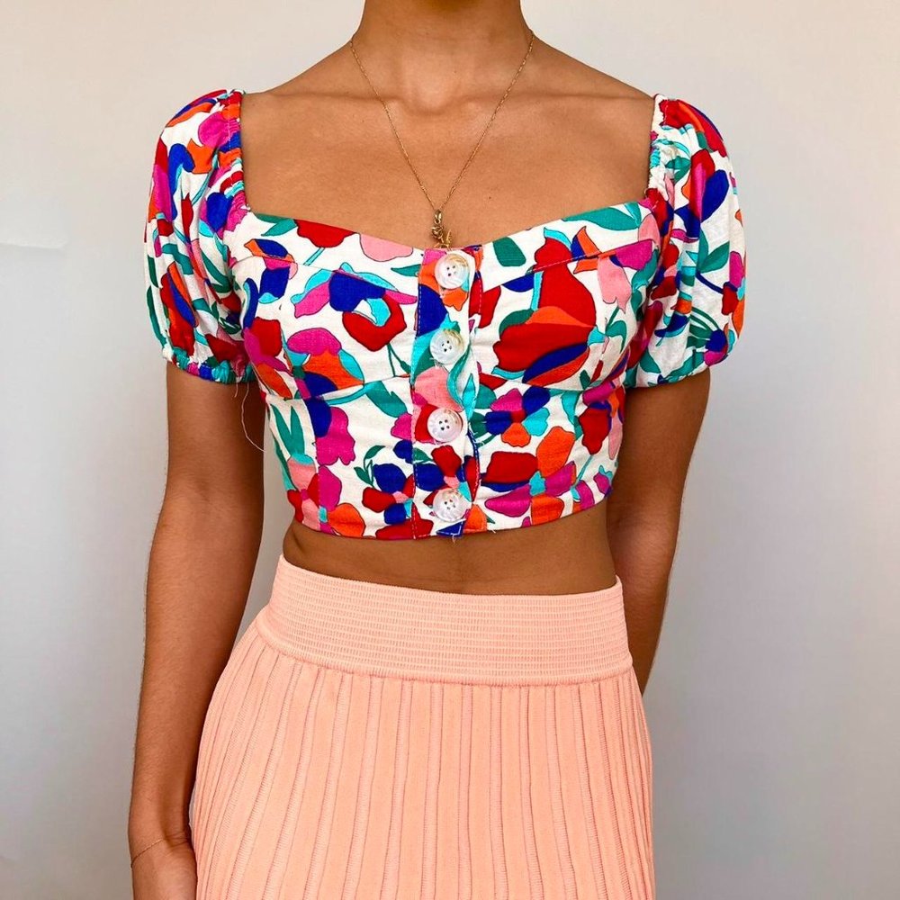 Colorful button up puff sleeve crop top